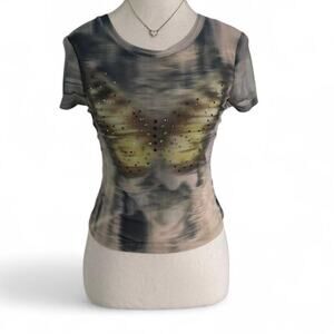 Y2K Rhinestone Butterfly Cottage Core Fairy Mesh Top Size S